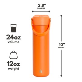 Elemental 24oz Insulated Water Bottle with Straw - 100% Leak-Proof Stainless Steel Core Water Bottles for Travel, Sports and Gym - Double Wall Insulation & BPA Free - Orange