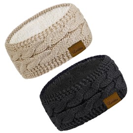 Loritta 2 Pack Headbands for Women Winter Warm Cable Knit Ear Warmer Thick Head Wrap Fuzzy Fleece Lined Gifts, F Beige+Black