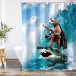 RosieLily Funny Shower Curtain, Bear Shower Curtains Set with 12 Hooks, Waterproof Shower Curtain, Decor Bear Shark Surfing Kids Shower Curtain , 72x72 ''