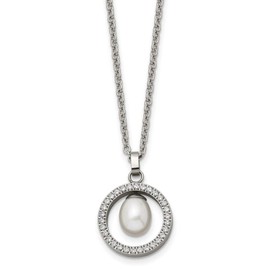 Sonia Jewels Solid Real Titanium CZ Cubic Zirconia and Freshwater Cultured Pearl Pendant Necklace Charm Chain - with Secure Lobster Lock Clasp 22"