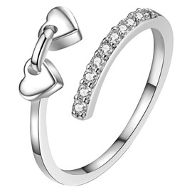 JewelryWe Damen Ring mit Herz und Zirkonia: Vergoldet Damenring Verstellbar Offen Fingerring mit Zwei Silbernen Herzen Stapelbare Statement Ringe - Geschenk für Frau Freundin Tochter