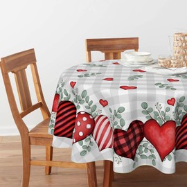 Horaldaily Valentine's Day Tablecloth 70×70 Inch Round, Buffalo Plaid Red Love Hearts Washable Table Cover for Party Picnic Dinner Decor