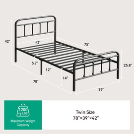 Novilla Metal Bed Frame Twin Size - Modern Minimalist Victorian Style with Headboard/Footboard, Heavy-Duty Steel Slats/Underbed Storage/No Box Spring Needed/Easy Assembly/Noise Free/Black