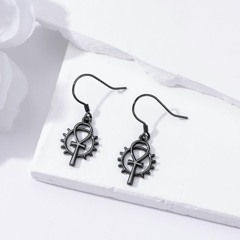 PROESS Black Ankh Cross Earrings 925 Sterling Silver Ankh Dangle