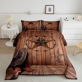 Manfei Western Texas Star Kids Comforter Set Twin Size,Cowboy Horseshoe Old Wooden Door Bedding Set,Girls Boys Adults Room Decor,Rustic Farmhouse Down Comforter,Brown Retro Duvet Insert,1 Pillowcase