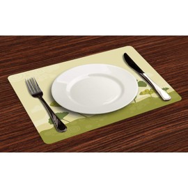 ABAKUHAUS Gingko Place Mats Set of 4, Natural Curved Tree Leaves, Washable Fabric Placemats for Dining Room Kitchen Table Decor, Olive Green and Beige