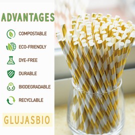 Gold White Stripe Paper Straws - 5.75 Inch Short Paper Drinking Straws, for Birthday, Wedding, Bridal, Party, Bars, Restaurants, Drinks - 500 Counts