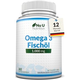 Omega 3 Fish Oil 1000mg - 365 Softgel Capsules - Up to 12 months supply - Pure Fish Oil with Balanced EPA & DHA - Harmless Omega 3 - Made in the UK by Nu U Nutrition