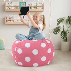 COMAX Bean Bag Chair for Kids, Kid Beanbag Chair Cute, Cotton Canvas Lazy Chair with Shredded Foam Filling, Stuffed Floor Sofa Couch for Boys and Girls, Pink Dots