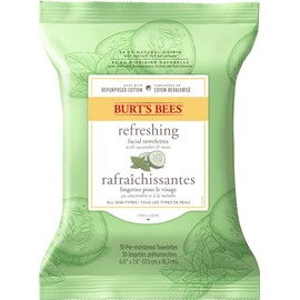 Burt's Bees Refreshing Facial Cleanser Towelettes and Makeup Remover Wipes for All Skin Types with Cucumber & Mint Made with Repurposed Cotton, 30 Count