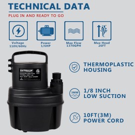 EXTRAUP 1/6 HP 1370GPH Portable Submersible Utility Pump Low Suction Electric Clean Pool Cover Basement Flood Drainage Water Transfer Pump Black
