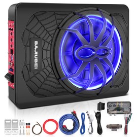 FILTERUP 10" 1200W Slim Under Seat Powered Car Subwoofer Hideaway Subwoofer with Complete Mounting Wire Kit, Car Truck Audio Subwoofer Built in Amplifier Sub Amp Combo, with Blue LED Ambient Light