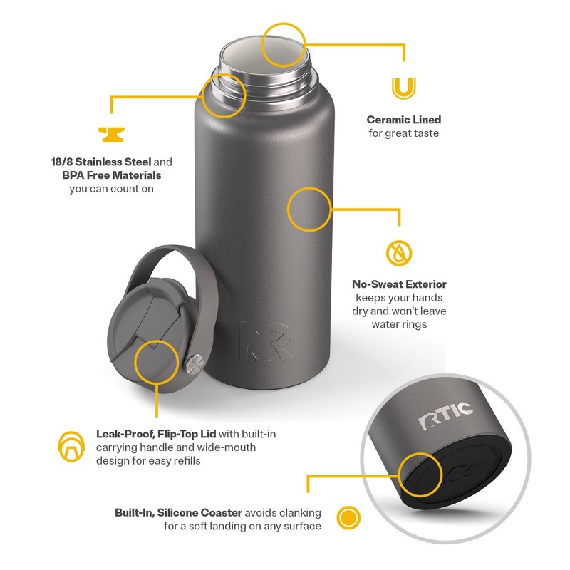 RTIC 32oz Outback Water Bottle, Ceramic Lined, Insulated, Stainless Steel,