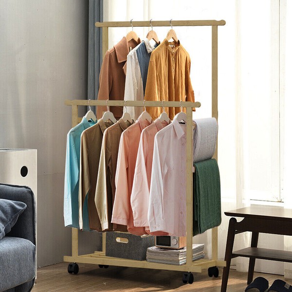 Portable Rolling Clothes Rack Bamboo Kids Clothes Storage Rack f Hanging Clothes