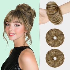 Qunlinta Messy Bun Hair Piece, 2 PCS Hair Buns Scrunchies Extensions Synthetic Fake Bun Chignon Updo Hairpieces for Women Girls Ash Blonde Mix Ginger Brown