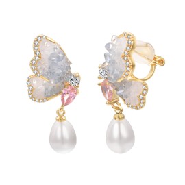 Vissen Butterfly/Cherry Blossom Silver 925 White Baroque Pearl Earrings Hanging Women's Cubic Zirconia Gold-Plated Fashion Jewellery, Sterling Silver