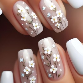 Spring Press on Nails Long Coffin Fake Nails White False Nails with Designs Cute Flower Stick on Nails Branch Glue on Nails Full Cover Glossy Acrylic Nails Fall Nails for Women Nail Art 24 Pcs