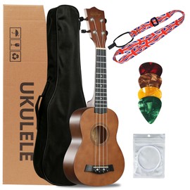 LeSage Soprano Ukulele Starter Kit, 21 Inch Basswood Hawaiian Uke with Gig Bag, Strap, Nylon Strings, Picks, Beginner Student Adult Musical Gift (Brown)