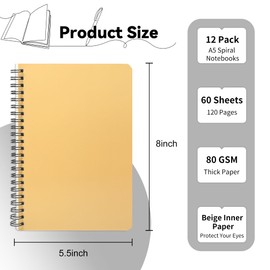 miikoul 12 Pack A5 Spiral Lined Notebooks, 8.3" X 5.5", 60 Sheets/120 Pages Wide Ruled Notebook Spiral Journals Bulk Paper Cover Notepad 12 Colors for Students Taking Class Notes Home Office Gift