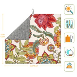 Boho Floral Dish Drying Mat for Kitchen Counter Washable Absorbent Reversible Microfiber Colorful Decorative Drying Pad Kitchen Accessories 16x18 Inch