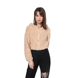 ZAFUL Women's Hooded Zip Up Faux Shearling Fluffy Teddy Jacket Coat (1-Light Khaki, XL)