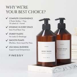 FINESSY Amber Hand Dish Soap Dispenser for Kitchen Countertop and Bathroom with Tray Set for Refillable Liquid Detergent Dishwasher and Lotion Bottles, Farmhouse Kitchen Soap Dispenser Set with Pump