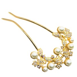 Miaomyao Kanzashi, Kanzashi, Bee Shape, Double Legged, Kimono, Sleeve Closure, Metal, Antique Maple, Leaf Flower, Pearl, Zirconia, U-Shaped Comb, Rose Gold Hair Accessory