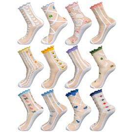 LOHO WONDERZ 12 Pairs Flower Sheer Socks, Cute Floral Ruffle Frilly Lace Socks for Women Girls Summer Thin Sock (US, Alpha, One Size, Regular, Regular, Cute)