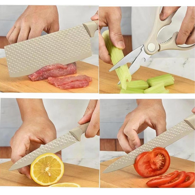 6-Pieces Beige Wooden Coating Stainless Steel Kitchen Knife Set with