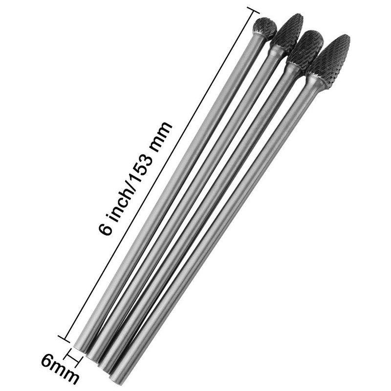 Wolfride 4pcs Long Shank Tungsten Carbide Burr Set 6mm Shank