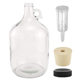 North Mountain Supply - 1G-38-ST-3P-1 1 Gallon Glass Fermenting Jug with Handle, 6.5 Rubber Stopper, 3-Piece Airlock, Black Plastic Lid