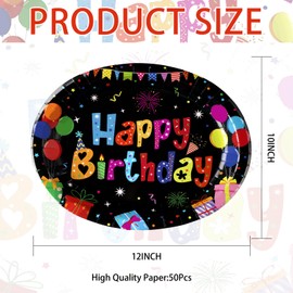 50 Pcs Happy Birthday Oval Paper Plates 10"x12" Large Colorful Black Birthday Plates Disposable Heavy Duty Birthday Theme Party Plates Happy Birthday Party Supplies for Boys Girls Birthday Party Decor