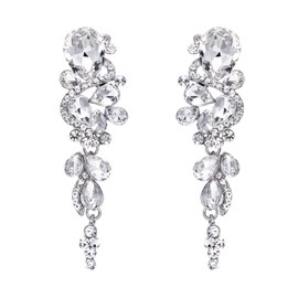 Clearine Wedding Bridal Statement Fashion Jewellery Bohemian Boho Diamante Teardrop Crystal Cluster Long Clip-on Chandelier Dangle Elegant Earrings Clear Silver Tone, Crystal