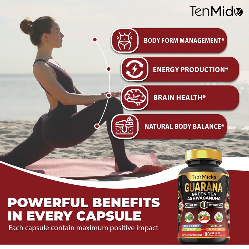 Tenmido Guarana & Green Tea Supplements - 7in1 with Ashwagandha,