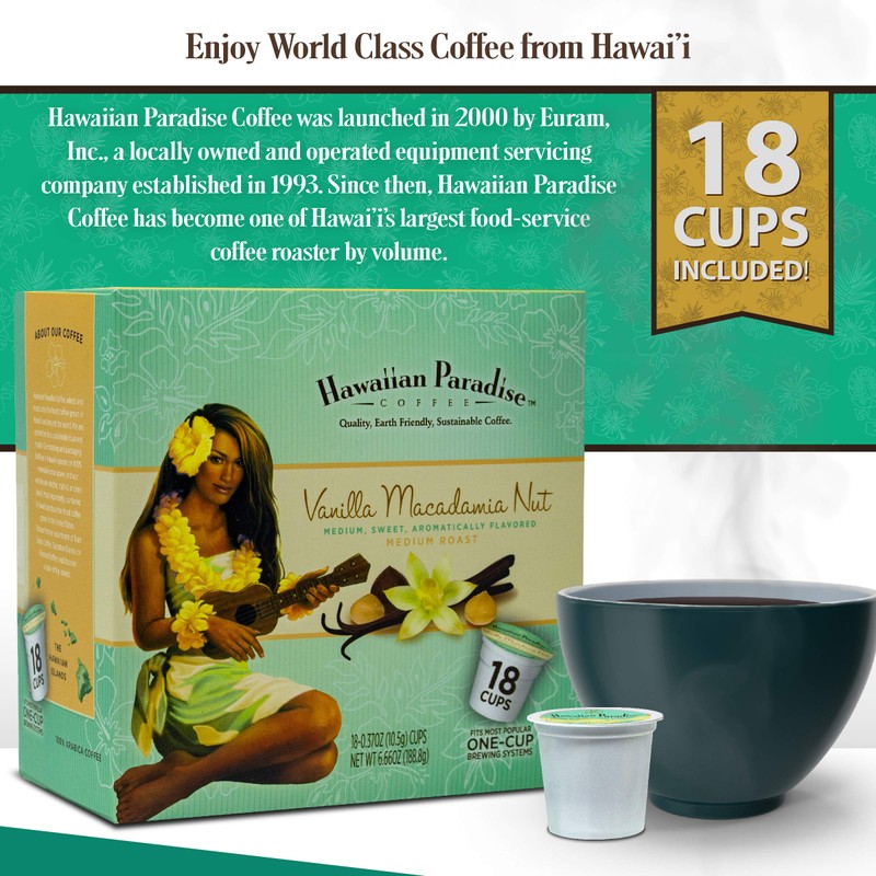 Hawaiian Paradise Coffee Vanilla Macadamia Nut Single Serve Cups 18