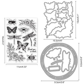 INFUNLY 3PCS Butterfly Stamp and Die Set Dragonfly Bee Transparent Silicone Stamp Frame Cutting Dies Flower Beetles Clear Stamp and Die Cuts Embossing Stencil for Card Making DIY Scrapbooking Album