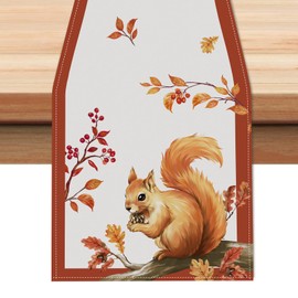 Bonhause Fall Squirrel Owl Table Runner 13x90 Inch Autumn Leaves Thanksgiving Kitchen Dining Table Decoration for Indoor Outdoor Home Party Decor