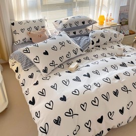 BlueBlue Hearts Kids Duvet Cover Set Twin 100% Cotton Bedding for Boys Girls Teens Single Bed Cartoon Kawaii Black White Heart Love Pattern 1 Cute Comforter Cover 2 Pillowcase (Twin)
