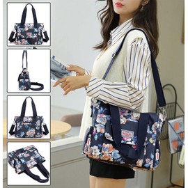 Kecartu Tote Bags for Women, Water Resistant Nylon Crossbody Purse, Large Top Handle Shoulder Handbags, Floral Utility Tote Bags with Zipper&Multi Pockets for Work Travel Shopping, Camellia