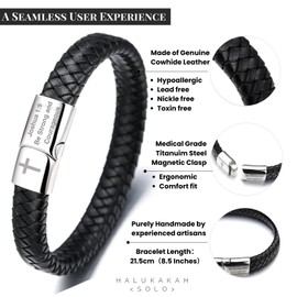 Halukakah Faithful Strength Men's Leather Bracelet - 21.5 cm Classic Black Leather with Magnetic Titanium Steel Clasp, Engraved Bible Verses & Cross, Religious Gift for Husband, Boyfriend, Father,