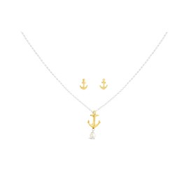 DUR Women's Anchor Set | Stud Earrings and Chain with Pendant | 925 Sterling Silver | Gold-Plated and Polished | K2526 | O5160, Sterling Silver, Pearl