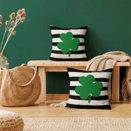 CXMEIFLY St Patricks Day Pillow Covers 18x18 Inch Set of 2 for Watercolor Black Striped Green Clover Decor Throw Pillows Spring Nature Plant Outdoor Decorative Cushion Cases for Couch Bed Decorations