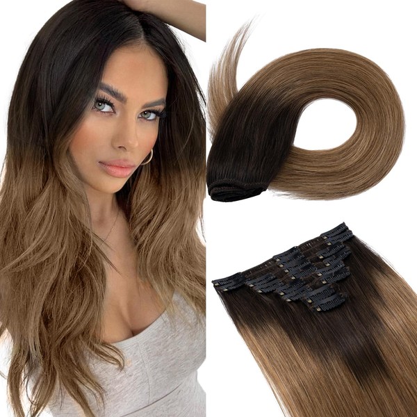 Hairro Clip in Hair Extensions Human Hair 14 inch #2T6 Ombre Dark Brown to Light Brown 60g 100% Real Remy Human Hair 8pcs Clip in Hair Extension for Women Soft Smooth Natural Straight Hair