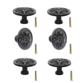 binifiMux 6-Pack Black Vintage Flower Cabinet Drawer Pulls Knobs, Flower Embossing, Dresser Handles, Single Hole