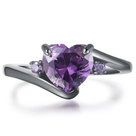 Black Gold Plated Heart Shaped Stone Solitaire Style Wedding Engagement Promise Statement Ring (Black Purple, 12)