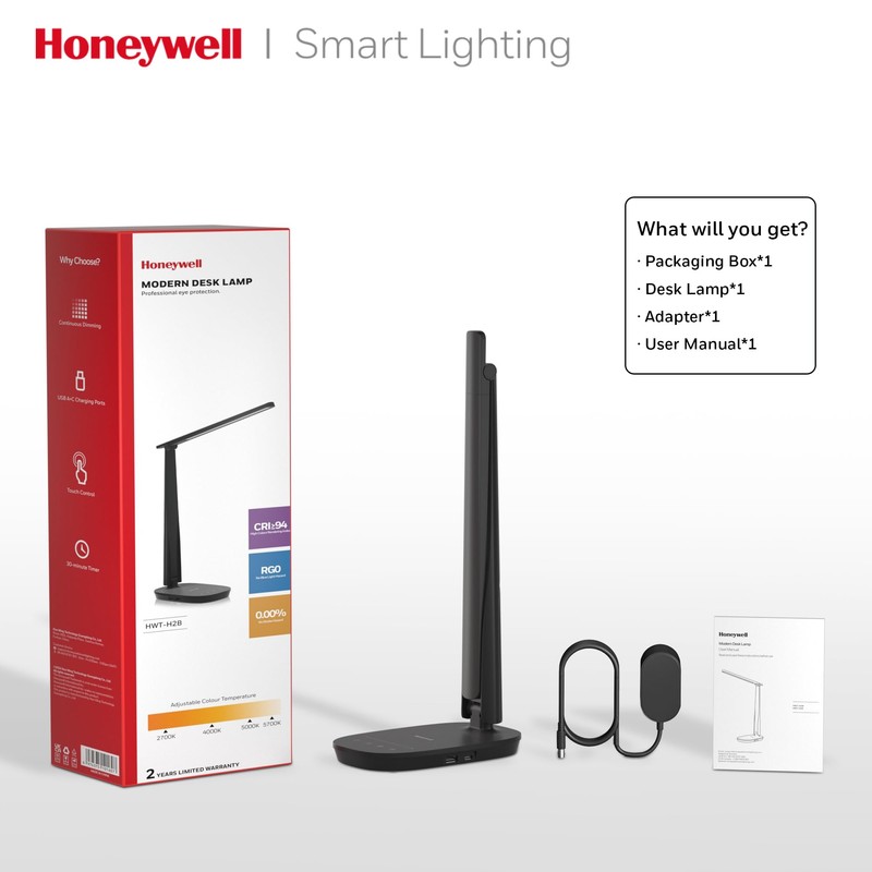 Honeywell HWT-H2 LED Desk Lamp, CRI94 Full Spectrum Eye-Caring Table