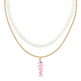 Fish Bone Pendant Necklace Beach Lover, Ocean Jewelry, Bohemian Puka Fish Bone Necklace Pearl Layered Necklace Fish Choker Necklaces for Women, Summer Beach Holiday Beach Surfer Jewelry, 45cm, Copper,