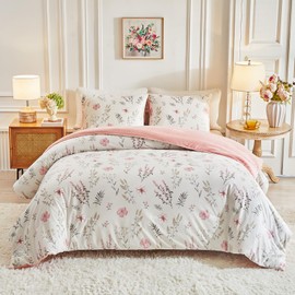 Joyreap Twin Comforter Set for Girls, 3pcs Fluffly Velvet Flannel Bedding Comforter Set, Pink Flowers n Leaves Design, Soft Warm Plush Bedding Set- 68x88 inches