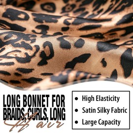 2 Count Satin Braid Bonnet for Women - Large Silk Sleep Cap Braids Soft Fabric Elastic Multifunctional Hair Care Haircare (Black&Leopard Print)