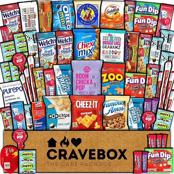 CraveBox Care Package (60 Count) Snacks Food Cookies Granola Bar Chips Candy Ultimate Variety Gift Box Pack Assortment Basket Bundle Mix Bulk Sampler Treats College Students Office Staff Halloween